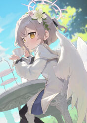 Rule 34 | 1girl, absurdres, aged down, angel wings, bada (jksh5056), black pantyhose, blue archive, blush, chair, cup, dress, feathered wings, flower, hair flower, hair ornament, halo, highres, holding, holding cup, light brown hair, long hair, long sleeves, nagisa (blue archive), pantyhose, parted lips, pink flower, pink halo, sitting, solo, white dress, white flower, white wings, wings, yellow eyes, yellow halo