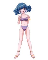 Rule 34 | 1990s (style), 1girl, adjusting clothes, adjusting swimsuit, aqua hair, bikini, blue eyes, blush, full body, highres, long hair, navel, open mouth, retro artstyle, rolfee, sandals, simple background, solo, striped bikini, striped clothes, swimsuit, tadano kazuko, toes, tonari no princess rolfee, white background