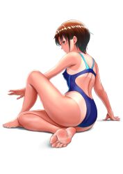 1girl arm_support ass back barefoot blue_one-piece_swimsuit blush breasts brown_hair closed_mouth competition_swimsuit covered_erect_nipples feet female_focus from_behind full_body highleg highleg_one-piece_swimsuit highres knee_up lips looking_at_viewer looking_back one-piece_swimsuit original red_eyes short_hair sideboob simple_background sitting small_breasts soles solo swimsuit tan tanline thighs toes tomboy uriens white_background