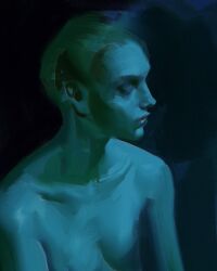 Rule 34 | ambiguous gender, bare arms, bare shoulders, black background, blue theme, collarbone, commentary, english commentary, faux traditional media, green hair, highres, lips, looking to the side, nose, nude, original, parted lips, profile, short hair, simple background, solo, upper body, yuming li