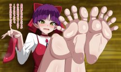 Rule 34 | 1girl, barefoot, blush, bow, feet, feet up, gegege no kitarou, hair bow, highres, holding, holding shoes, kere domo, looking at viewer, nekomusume, open mouth, pointy ears, purple hair, shoes, single shoe, soles, source request, steam, sweat, toes, translated, unworn shoes, yellow eyes