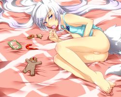 Rule 34 | 1boy, animal ears, barefoot, bed, blue eyes, blush, candy, cookie, crossdressing, cum, feet, food, licking, lollipop, long hair, lying, male focus, masturbation, open mouth, original, solo, tail, tank top, toes, trap, white hair