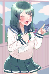 Rule 34 | 1girl, :o, blush, braid, character request, closed eyes, clover hair ornament, green hair, green skirt, hair ornament, highres, holding, holding paper, indoors, long sleeves, paper, pleated skirt, pointing, school uniform, shirt, skirt, solo, sunao na kapipara, twin braids, virtual youtuber, white shirt, window