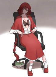 Rule 34 | absurdres, bra, breasts, capelet, chair, collared shirt, frilled skirt, frills, highres, horn ornament, horns, kamishirasawa keine (hakutaku), large breasts, long braid, long hair, looking at viewer, mata (matasoup), office chair, okazaki yumemi, one eye closed, open clothes, red capelet, red eyes, red footwear, red skirt, red vest, sexually suggestive, shadow, shirt, sitting, skirt, solo, sukusuku hakutaku, swivel chair, touhou, touhou (pc-98), underwear, vest, white shirt