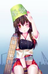 Rule 34 | 10s, 1girl, ;p, akagi (kancolle), bad id, bad pixiv id, blush, breasts, brown eyes, brown hair, bucket, d;, door to heaven, flight deck, gloves, hakama, hakama short skirt, hakama skirt, japanese clothes, kantai collection, liquid, long hair, muneate, one eye closed, open mouth, partially fingerless gloves, partly fingerless gloves, personification, seiza, single glove, sitting, skirt, solo, thighhighs, tongue, tongue out, wariza, white thighhighs, wink, yugake
