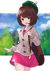Rule 34 | 1girl, :d, backpack, bag, bob cut, brown bag, brown eyes, brown hair, buttons, cable knit, cardigan, cloud, collarbone, collared dress, commentary request, creatures (company), day, dress, game freak, gloria (pokemon), green hat, grey cardigan, hat, highres, holding strap, hooded cardigan, looking at viewer, nintendo, open mouth, outdoors, pink dress, pokemon, pokemon swsh, short hair, sky, smile, solo, tam o&#039; shanter, tanbonota46, teeth, upper teeth only