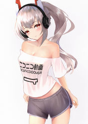 Rule 34 | 1girl, ayanami (azur lane), ayanami (niconico) (azur lane), azur lane, bare shoulders, blush, breasts, brown eyes, cleavage, clothes writing, hair between eyes, head tilt, headgear, headphones, headset, highres, long hair, looking at viewer, medium breasts, off-shoulder shirt, off shoulder, ponytail, shirt, short shorts, short sleeves, shorts, silver hair, simple background, standing, white background