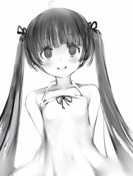 Rule 34 | 1girl, anquette-chan (nanashi), bad id, bad pixiv id, bare shoulders, blush, dot nose, dress, greyscale, highres, long hair, looking at viewer, monochrome, nanashi (nlo), original, simple background, smile, solo, sundress, twintails, white background