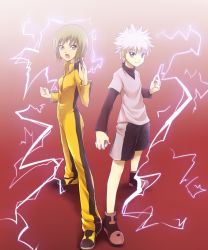 Rule 34 | 10s, 1boy, 1girl, bad id, bad pixiv id, blonde hair, bruce lee&#039;s jumpsuit, crossover, electricity, green eyes, huang baoling, hunter x hunter, ise mariya, killua zoldyck, ogry ching, power connection, purple hair, voice actor connection, shoes, short hair, shorts, sneakers, tiger &amp; bunny, volternative, white hair, yo-yo