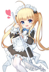Rule 34 | 1girl, :d, ahoge, apron, black bow, black dress, blonde hair, blue bow, blue bowtie, blue eyes, blush, bow, bowtie, braid, copyright request, dress, frilled apron, frilled dress, frills, hair bow, hand up, heart, holding, long hair, long sleeves, looking at viewer, maid, maid headdress, mop, open mouth, simple background, sleeves past wrists, smile, solo, teeth, thighhighs, twintails, upper teeth only, very long hair, virtual youtuber, white apron, white background, white thighhighs, yuxian youka