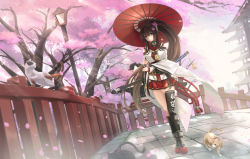 Rule 34 | 10s, 1girl, architecture, brown eyes, brown hair, cat, cherry blossoms, detached sleeves, east asian architecture, highres, kantai collection, kikivi, long hair, oil-paper umbrella, pagoda, ponytail, single thighhigh, solo, sword, thighhighs, umbrella, very long hair, weapon, yamato (kancolle)