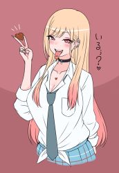 Rule 34 | 1girl, absurdres, arm behind back, barbell piercing, black collar, black necktie, blonde hair, breasts, candy, chocolate, chocolate heart, cleavage, collar, collarbone, ear piercing, earrings, fingernails, food, gradient hair, heart, highres, holding, industrial piercing, jewelry, kitagawa marin, large breasts, long fingernails, multicolored hair, necktie, open mouth, piercing, pink background, pink eyes, pink hair, plaid, plaid skirt, rei (rei rr), ring, school uniform, shirt, skirt, smile, solo, sono bisque doll wa koi wo suru, tied shirt, tongue, tongue out, tongue piercing, translation request, v