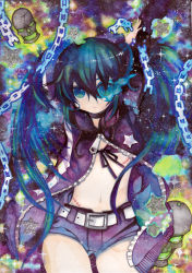 Rule 34 | 10s, 1girl, arms up, bikini, black bikini, black hair, black rock shooter, black rock shooter (character), blue eyes, chain, expressionless, floating skull, front-tie top, glowing, glowing eye, highres, long hair, marker (medium), mosho, navel, no nose, open clothes, open shirt, scar, shirt, short shorts, shorts, skull, solo, standing, star (symbol), swimsuit, traditional media, twintails, zipper