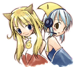 Rule 34 | 2girls, :o, blonde hair, blue eyes, blush, brown eyes, detached sleeves, fox tail, headphones, headset, looking at viewer, lowres, mozilla firefox, mozilla thunderbird, multiple girls, os-tan, parted lips, personification, short hair, sidelocks, silver hair, simple background, smile, tail, white background