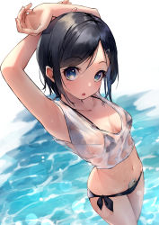 Rule 34 | 1girl, 200f (nifu), absurdres, armpits, arms behind head, arms up, backlighting, bikini, black bikini, black hair, blush, bob cut, breasts, caustics, cellphone, charm (object), collarbone, crop top, day, dolphin, dripping, duplicate, foreshortening, from above, hair ornament, hairclip, halterneck, highres, lens flare, looking at viewer, medium breasts, navel, object in clothes, object in swimsuit, open mouth, original, outdoors, parted bangs, phone, see-through, shiny clothes, shirt, short hair, short sleeves, side-tie bikini bottom, smartphone, solo, standing, string bikini, swimsuit, underboob, wading, water, wet, wet clothes, wet shirt