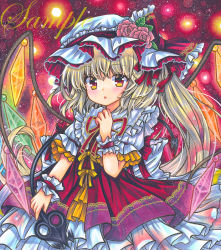 Rule 34 | 1girl, adapted costume, blonde hair, blush, bow, crystal, dress, flandre scarlet, flower, frilled bow, frilled hat, frills, hair bow, hair flower, hair ornament, hat, holding, laevatein (touhou), long hair, looking at viewer, marker (medium), mob cap, neck ribbon, red background, red bow, red dress, red eyes, red flower, red ribbon, red rose, ribbon, rose, rui (sugar3), sample watermark, short sleeves, side ponytail, solo, touhou, traditional media, watermark, white hat, wings, wrist cuffs