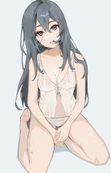 Rule 34 | 1girl, barefoot, black hair, breasts, camisole, character request, cleavage, commentary, copyright request, eyelashes, hair between eyes, head tilt, highres, long hair, looking at viewer, milka (milk4ppl), navel, orange eyes, own hands together, panties, parted lips, sitting, solo, underwear, wet, wet clothes