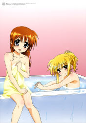 Rule 34 | 2girls, :d, absurdres, alternate hairstyle, armpits, bath, bathing, bathtub, blonde hair, blue eyes, blush, body blush, brown hair, censored, convenient censoring, fate testarossa, flat chest, gradient background, hair censor, hair down, hair up, head tilt, highres, indoors, interlocked fingers, knees together feet apart, legs, light smile, long hair, looking at viewer, lyrical nanoha, mahou shoujo lyrical nanoha, mahou shoujo lyrical nanoha a&#039;s, mahou shoujo lyrical nanoha the movie 2nd a&#039;s, multiple girls, naked towel, nude, official art, open mouth, outstretched arms, partially submerged, pink background, ponytail, red eyes, same-sex bathing, scan, shared bathing, short ponytail, sidelocks, sitting, smile, takamachi nanoha, towel, water, wet, wet hair, yellow towel