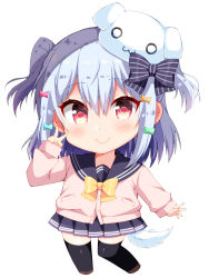 Rule 34 | 1boy, :&gt;, black bow, black skirt, black thighhighs, blue bow, blush, bow, bowtie, brown footwear, buttons, cardigan, chibi, closed mouth, comiket 95, commentary request, dog hair ornament, dog tail, fingernails, full body, gradient eyes, green bow, grey hair, hair between eyes, hair bow, hair ornament, hand up, hat, highres, inuyama tamaki, long sleeves, looking at viewer, male focus, medium hair, miniskirt, multicolored eyes, noripro, o o, official art, original, pink bow, pink cardigan, pink sweater, pleated skirt, pocket, red eyes, school uniform, serafuku, shoes, simple background, skirt, sleeves past wrists, smile, solo, standing, straight-on, striped, striped bow, sweater, tachi-e, tail, thighhighs, trap, tsukudani norio, two side up, v, virtual youtuber, white background, white hat, yellow bow, yellow bowtie, yellow eyes, zettai ryouiki