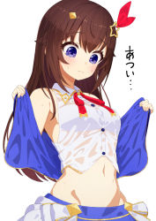 Rule 34 | 1girl, absurdres, blue eyes, brown hair, crop top, groin, hair ornament, hair ribbon, hairclip, highres, hololive, jacket, unworn jacket, long hair, looking down, lunch boxer, midriff, navel, ribbon, shirt, simple background, sleeveless, sleeveless shirt, sweat, tokino sora, tokino sora (1st costume), translated, virtual youtuber, wet, wet clothes, wet shirt, white background