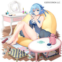 Rule 34 | 1girl, babydoll, bare arms, bare legs, bare shoulders, barefoot, bean bag chair, blue eyes, blue hair, board game request, breasts, card, chess piece, chessboard, cleavage, closed mouth, collarbone, copyright notice, cup, desk, fiona (gemini seed), frilled skirt, frills, gemini seed, hagino kouta, hair between eyes, holding, holding cup, knees up, makeup, medium breasts, mirror, official art, pointy ears, see-through, simple background, sitting, skirt, smile, solo, steam, table, teacup, teapot, watermark, white background, white skirt, wooden floor
