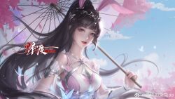Rule 34 | 1girl, absurdres, animal ears, bare shoulders, blue sky, breasts, brown hair, bug, butterfly, cloud, dan qing bu hua, douluo dalu, dress, falling petals, highres, holding, holding umbrella, insect, long hair, looking at viewer, medium breasts, parted lips, petals, pink dress, pink eyes, ponytail, rabbit ears, second-party source, sky, solo, teeth, umbrella, upper body, xiao wu (douluo dalu)