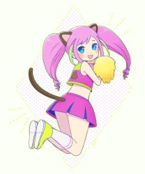 Rule 34 | 10s, 1girl, alternate hairstyle, animal ears, ayu (mog), bad id, bad pixiv id, blue eyes, cat ears, cat tail, cheerleader, facial mark, green hair, hashimoto nyaa, looking back, multicolored hair, open mouth, osomatsu-san, pink hair, pom pom (cheerleading), skirt, smile, solo, streaked hair, tail, twintails, whisker markings