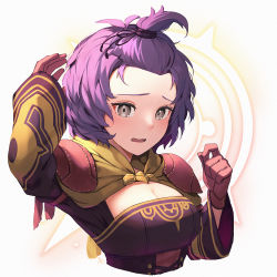 Rule 34 | 1girl, armor, bangs pinned back, bernadetta von varley, blush, breasts, cleavage, cleavage cutout, clothing cutout, embarrassed, fire emblem, fire emblem: three houses, fire emblem warriors: three hopes, gloves, highres, medium breasts, nakabayashi zun, nintendo, open mouth, red gloves, short hair, shoulder armor, solo, topknot, upper body