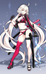 Rule 34 | 1girl, :d, absurdly long hair, ahoge, asymmetrical legwear, bikini, black bikini, black footwear, black gloves, breasts, brown eyes, cleavage, commentary request, fate/grand order, fate (series), gloves, hair between eyes, hand up, head tilt, high heels, highres, holding, holding sword, holding weapon, jeanne d&#039;arc alter (swimsuit berserker) (fate), jeanne d&#039;arc (fate), jeanne d&#039;arc alter (fate), jeanne d&#039;arc alter (swimsuit berserker) (fate), katana, long hair, long sleeves, medium breasts, navel, o-ring, o-ring bikini, o-ring bottom, o-ring top, open mouth, puffy long sleeves, puffy sleeves, red thighhighs, sheath, shrug (clothing), silver hair, single thighhigh, smile, solo, suishougensou, swimsuit, sword, thighhighs, uneven legwear, unsheathed, v-shaped eyebrows, very long hair, weapon