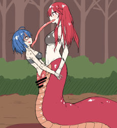 Rule 34 | 2girls, black bra, blue hair, bra, breasts, censored, cleavage, gloves, highres, lamia, large breasts, long hair, long tongue, monster girl, multiple girls, open mouth, pointless censoring, pussy, red eyes, red hair, short hair, smile, tongue, unbirthing, underwear, vore