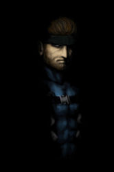 Rule 34 | 1boy, abs, bandana, beard, bekio, brown hair, chiaroscuro, facial hair, frown, highres, male focus, metal gear (series), metal gear solid, metal gear solid 2: sons of liberty, muscular, smile, solid snake, solo, strap, upper body