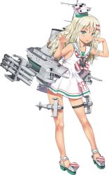 Rule 34 | 1girl, blonde hair, dress, full body, grecale (kancolle), green eyes, hair ornament, hair ribbon, jiji (aardvark), kantai collection, long hair, looking at viewer, machinery, official art, open mouth, ribbon, sailor dress, sandals, sleeveless, sleeveless dress, smile, solo, source request, tan, third-party source, torpedo, torpedo launcher, torpedo tubes, transparent background, white dress
