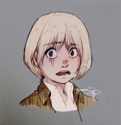 Rule 34 | 1boy, armin arlert, blonde hair, blue eyes, bowl cut, commentary request, grey background, hatching (texture), highres, linear hatching, male focus, medium bangs, open mouth, popped collar, sayo nara drawing, shingeki no kyojin, simple background, solo, straight-on, teeth, upper body, upper teeth only, wavy eyes, wide-eyed
