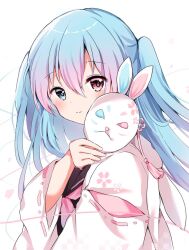 Rule 34 | 1girl, blue eyes, blue hair, blush, heterochromia, holding, holding mask, japanese clothes, kimono, kokoshira 0510, long hair, long sleeves, looking at viewer, mask, multicolored hair, neckerchief, original, pink eyes, pink hair, rabbit mask, sailor collar, smile, two side up, very long hair, wide sleeves