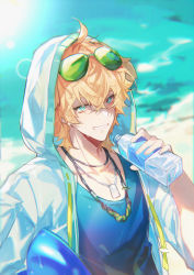 Rule 34 | 1boy, absurdres, animal ears, arknights, beach, blonde hair, blue eyes, blue shirt, bottle, chinese commentary, commentary request, day, dog boy, dog ears, dog tags, eyewear on head, green-tinted eyewear, hair between eyes, highres, holding, holding bottle, hood, hood up, hooded jacket, jacket, jewelry, looking at viewer, male focus, necklace, open clothes, open jacket, outdoors, shirt, short hair, smile, solo, sunglasses, sweat, tequila (arknights), tinted eyewear, water, water bottle, white jacket, yusa (yusa0751)