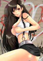 Rule 34 | 1990s (style), 1girl, ass, bad id, bad pixiv id, bare shoulders, black hair, breasts, breasts out, clothes lift, clothes pull, earrings, female focus, final fantasy, final fantasy vii, graffiti, jewelry, large breasts, legs, light smile, long hair, midriff, miniskirt, nipples, no panties, open clothes, open shirt, orange eyes, pencil skirt, pussy juice, random (ningen modoki), red eyes, retro artstyle, shadow, shirt, shirt pull, skirt, skirt lift, smile, solo, suspender skirt, suspenders, tank top, thighs, tifa lockhart, wall