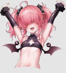 Rule 34 | 1girl, armpits, arms up, breasts, cleavage cutout, clothing cutout, demon wings, facing viewer, fangs, food-themed hair ornament, grey background, hair ornament, hair over eyes, hair scrunchie, hizuki akira, navel, open mouth, original, outstretched arms, pink hair, pointy ears, polka dot, scrunchie, simple background, small breasts, smile, solo, tongue, turtleneck, upper body, wings