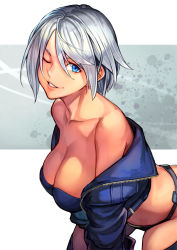 Rule 34 | 1girl, angel (kof), bare shoulders, blue eyes, bra, breasts, chaps, cleavage, cropped jacket, hair over one eye, hinoru saikusa, jacket, large breasts, leather, leather jacket, lips, looking at viewer, off shoulder, one eye closed, open clothes, open jacket, snk, solo, strapless, strapless bra, the king of fighters, the king of fighters xiv, the king of fighters xv, underwear, white hair