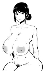 Rule 34 | 1girl, blank eyes, breasts, embarrassed, female pubic hair, fujou joshi, greyscale, inverted nipples, large breasts, monochrome, navel, nude, ponytail, pubic hair, sitting, solo, sweat