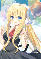 Rule 34 | 1girl, :d, absurdres, air (visual novel), aiyan, balloon, black dress, blonde hair, blue eyes, blush, bow, breasts, commentary request, cowboy shot, cross print, day, dress, eyelashes, eyes visible through hair, hair bow, hair intakes, hair ribbon, hands up, highres, holding, holding balloon, impossible clothes, kamio misuzu, lens flare, long hair, looking at viewer, medium breasts, necktie, open mouth, outdoors, pinafore dress, ponytail, red necktie, ribbon, school uniform, sidelocks, sleeveless, sleeveless dress, smile, solo, very long hair, white bow, white ribbon