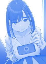 Rule 34 | 1boy, 1girl, :3, blue theme, blush, breasts, cellphone, cleavage, commentary request, ganbare douki-chan, kouhai-chan (douki-chan), large breasts, long hair, looking at viewer, mole, mole on breast, mole on cheek, monochrome, object on breast, phone, shirt, short hair, solo focus, thick eyebrows, upper body, yomu (sgt epper)