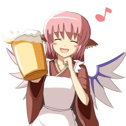 Rule 34 | 1girl, alcohol, animal ears, apron, bad id, bad pixiv id, beer, closed eyes, female focus, froth, japanese clothes, lowres, mystia lorelei, okamisty, phantom2071, pink hair, short hair, smile, solo, touhou, wings