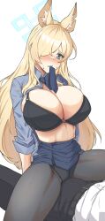 Rule 34 | 1boy, 1girl, animal ear fluff, animal ears, black bra, black panties, black pants, blonde hair, blue archive, blue eyes, blue shirt, blue skirt, blush, bra, breasts, cleavage, commentary, grey pantyhose, kanna (blue archive), large breasts, long hair, long sleeves, miniskirt, mouth hold, nose blush, open clothes, open shirt, panties, panties under pantyhose, pants, pantyhose, radioneet, shirt, simple background, skirt, solo focus, teeth hold, underwear, very long hair, white background, white shirt