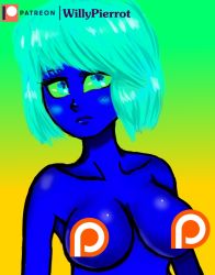 Rule 34 | 1girl, alien, artist request, blue eyes, blue hair, blue skin, breasts, censored, colored skin, expressionless, female focus, gradient background, large breasts, no humans, nude, original, patreon, self-upload, short hair, simple background, sketch, willy pierrot