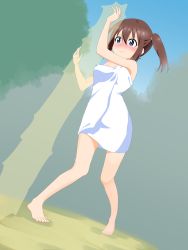 Rule 34 | 1girl, barefoot, blue eyes, breasts, brown hair, closed mouth, dutch angle, exhibitionism, eyelashes, female focus, hatagami runa, highres, humiliation, isekai de zenra yuusha to yobanaide, legs apart, naked towel, outdoors, public indecency, sarura, short hair, side ponytail, sidelocks, small breasts, solo, standing, toes, towel