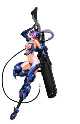 Rule 34 | 1girl, bionics, breasts, gun, highres, huge weapon, large breasts, long hair, lucknight, mecha musume, navel, original, ponytail, prosthetics, purple hair, red eyes, revealing clothes, solo, underboob, weapon