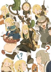 Rule 34 | 1boy, 2girls, armor, blonde hair, blue capelet, blue robe, capelet, closed eyes, closed mouth, dungeon meshi, eating, elf, falin touden, green eyes, halfling, highres, holding, holding staff, laios touden, long hair, long sleeves, looking at viewer, mage staff, marcille donato, multiple girls, mushroom, open mouth, plate armor, pointy ears, robe, short hair, simple background, smile, staff, very short hair, white background, x xinnnnnn