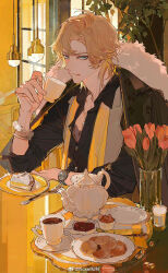 Rule 34 | 1boy, arm on table, bishounen, black coat, black jacket, black shirt, black sleeves, blonde hair, blue eyes, bowl, bracelet, buttons, cafe, cake, cake slice, ceiling light, chain, chain necklace, character request, closed mouth, coat, coat on shoulders, coattails, collar, collared coat, collared jacket, collared shirt, cookie, copyright request, cup, elbow on table, expressionless, fingernails, flower, food, fork, fur-trimmed coat, fur trim, grey collar, highres, holding, holding cup, indoors, jacket, jewelry, light frown, long sleeves, looking at viewer, male focus, necklace, nickel nike, open clothes, open jacket, open vest, partially unbuttoned, pectoral cleavage, pectorals, pendant, pink flower, plant, plate, potted plant, saucer, shirt, short hair, sleeves past elbows, solo, sparkle, spoon, tea, teacup, tongue, tongue out, tulip, upper body, vase, vest, watch, weibo watermark, window, wristwatch, yellow vest