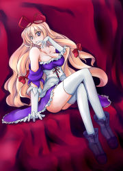 Rule 34 | 1girl, bare shoulders, blonde hair, blue eyes, bow, breasts, cleavage, crossed legs, dacho, dress, elbow gloves, female focus, gloves, hair bow, large breasts, long hair, multiple hair bows, off shoulder, sitting, solo, thighhighs, touhou, white gloves, yakumo yukari