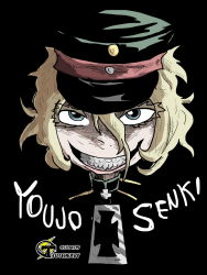 Rule 34 | 1girl, artist name, black background, blonde hair, blue eyes, cross, english text, evil smile, hat, head only, highres, looking at viewer, military, military hat, short hair, smile, solo, solo focus, spanish commentary, tanya degurechaff, teeth, tuteheavy, youjo senki